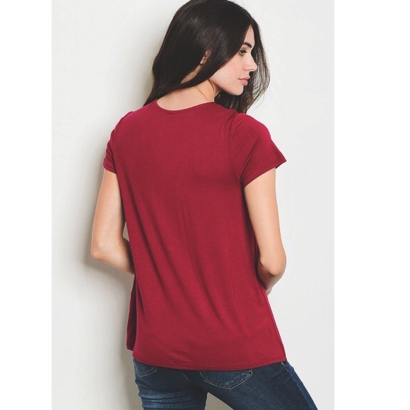 2 LEFT Burgundy Red Short Sleeve Deep V Choker Tee - Picture 3 of 4